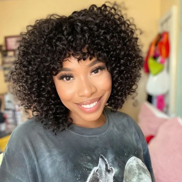 Curly Bob Wig With Bangs Quick Wear And Go Glueless Human Hair Wigs 180% Density